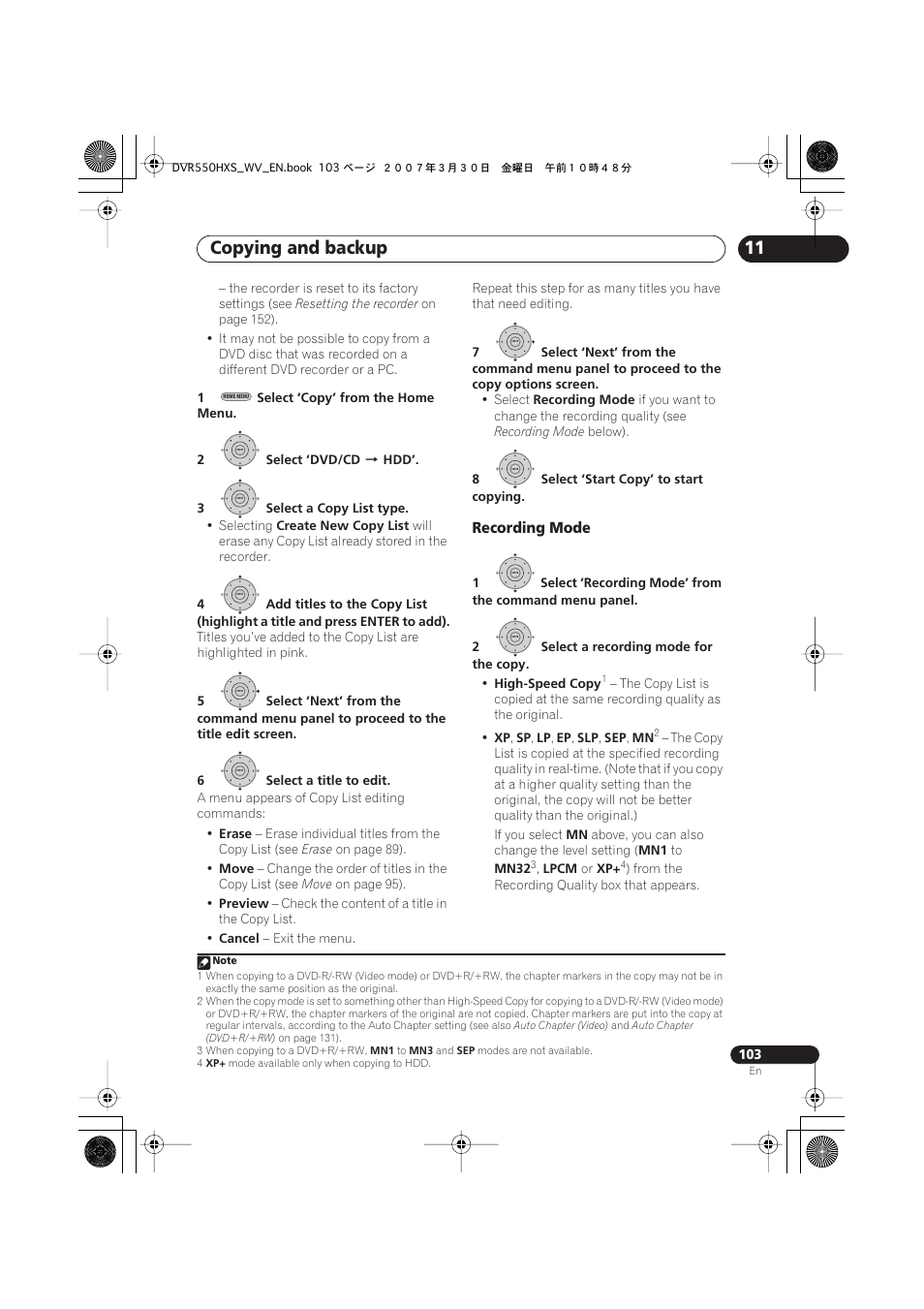 Copying and backup, Recording mode | Pioneer DVR-550HX-S User Manual | Page 103 / 155