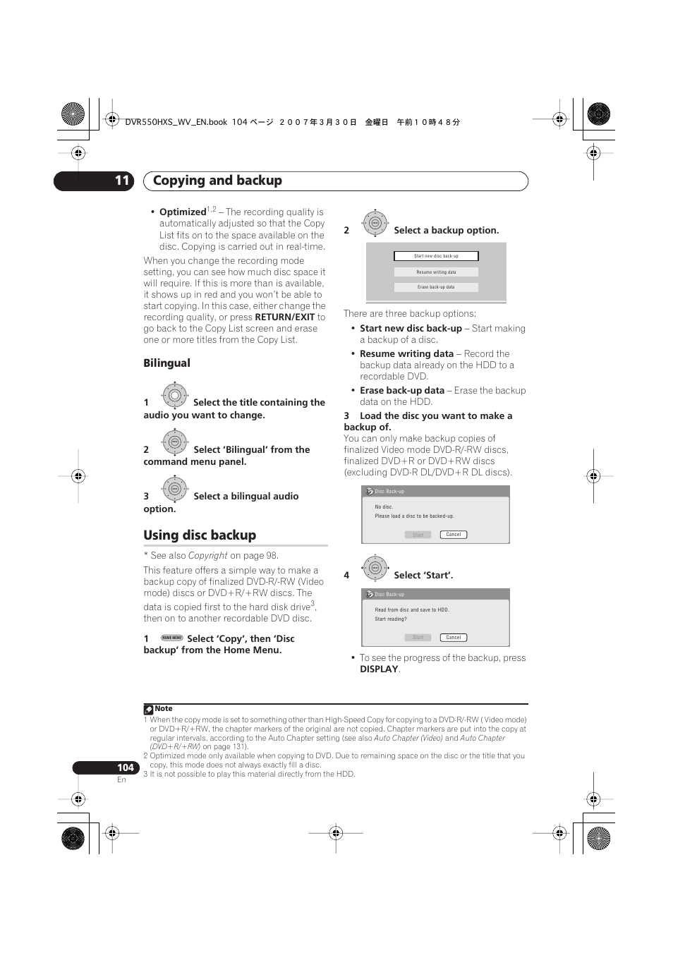 Using disc backup, Copying and backup 11, Bilingual | Pioneer DVR-550HX-S User Manual | Page 104 / 155