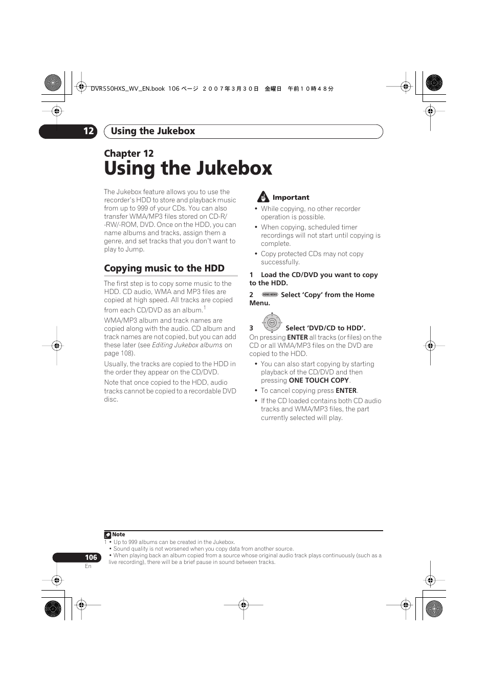 12 using the jukebox, Copying music to the hdd, Using the jukebox | Using the jukebox 12, Chapter 12 | Pioneer DVR-550HX-S User Manual | Page 106 / 155