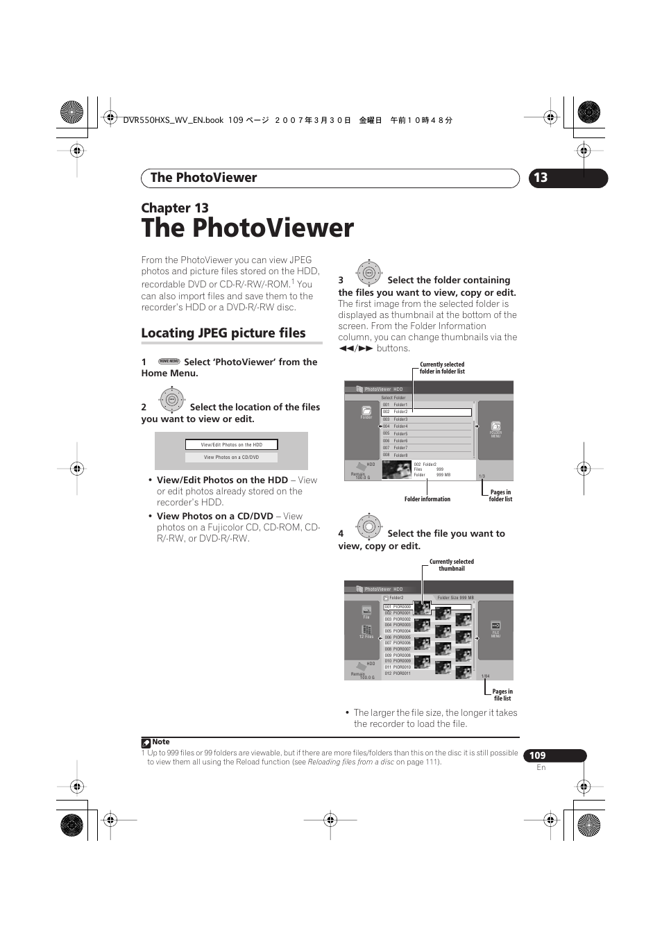 13 the photoviewer, Locating jpeg picture files, The photoviewer | 13 chapter 13 | Pioneer DVR-550HX-S User Manual | Page 109 / 155