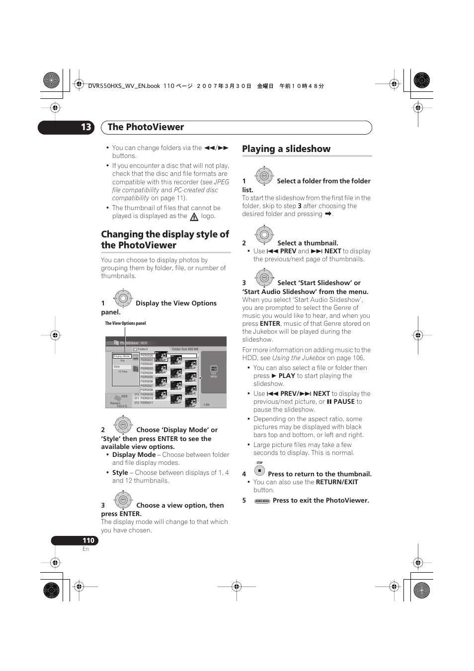 Changing the display style of the photoviewer, Playing a slideshow, The photoviewer 13 | Changing the display style of, The photoviewer | Pioneer DVR-550HX-S User Manual | Page 110 / 155