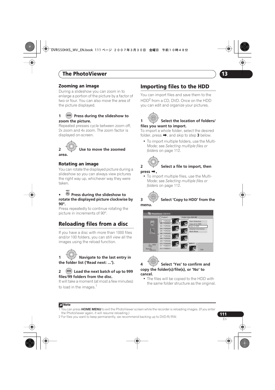 Reloading files from a disc, Importing files to the hdd, The photoviewer | Zooming an image, Rotating an image | Pioneer DVR-550HX-S User Manual | Page 111 / 155