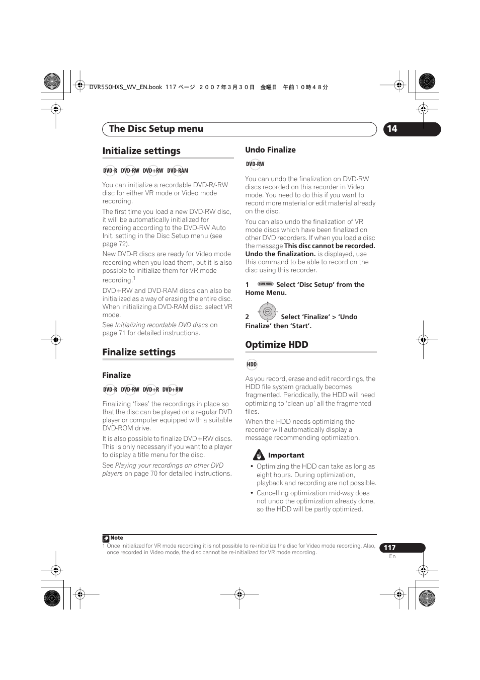 Initialize settings, Finalize settings, Optimize hdd | The disc setup menu | Pioneer DVR-550HX-S User Manual | Page 117 / 155