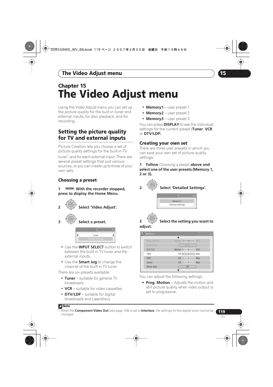 15 the video adjust menu, The video adjust menu, 15 chapter 15 | Setting the picture quality, For tv and external inputs, Choosing a preset, Creating your own set | Pioneer DVR-550HX-S User Manual | Page 119 / 155