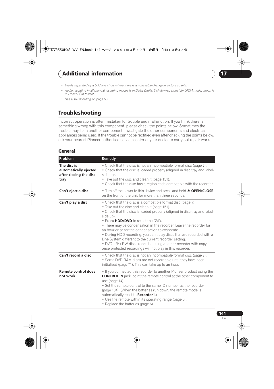 Troubleshooting, Additional information, General | Pioneer DVR-550HX-S User Manual | Page 141 / 155