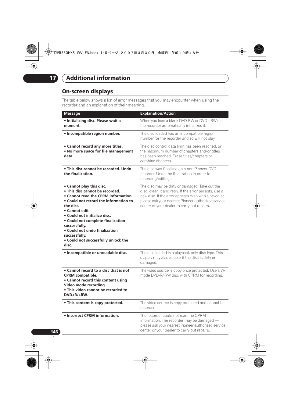 On-screen displays, Additional information 17 | Pioneer DVR-550HX-S User Manual | Page 146 / 155