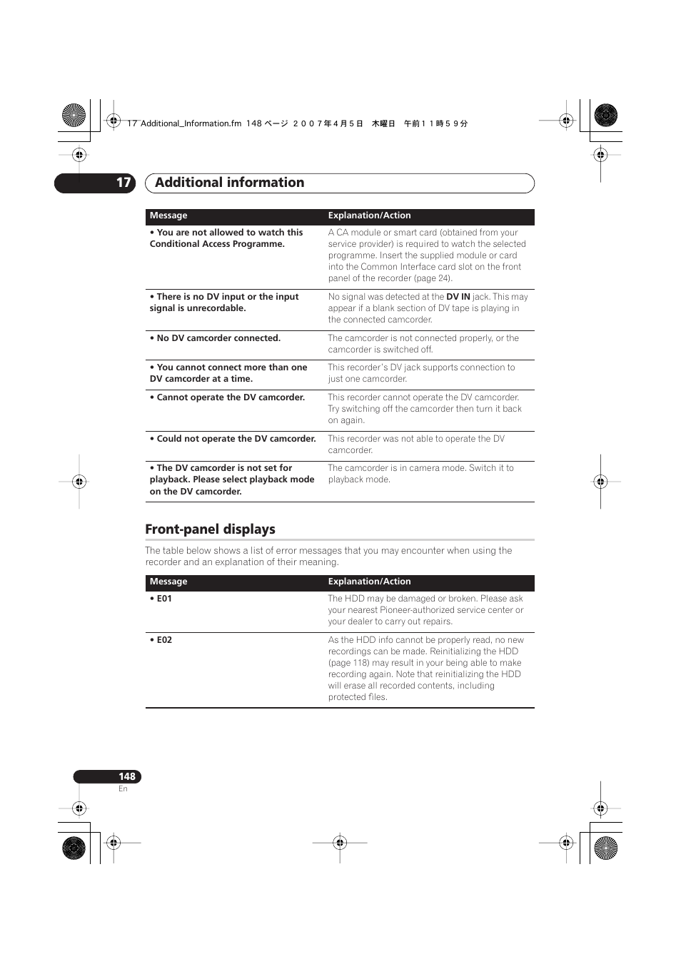 Front-panel displays, Additional information 17 | Pioneer DVR-550HX-S User Manual | Page 148 / 155