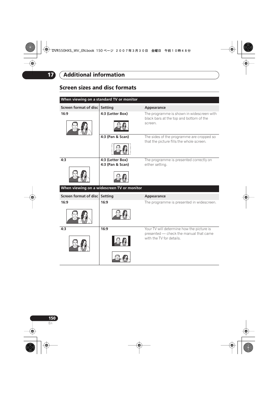 Screen sizes and disc formats, Additional information 17 | Pioneer DVR-550HX-S User Manual | Page 150 / 155