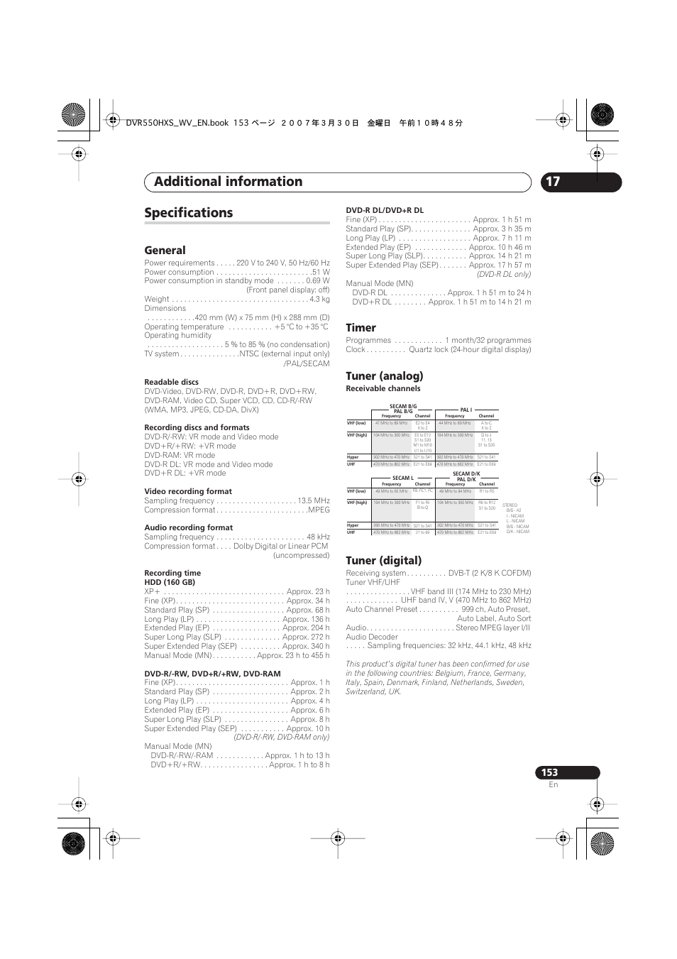 Specifications, Additional information, General | Timer, Tuner (analog), Tuner (digital) | Pioneer DVR-550HX-S User Manual | Page 153 / 155