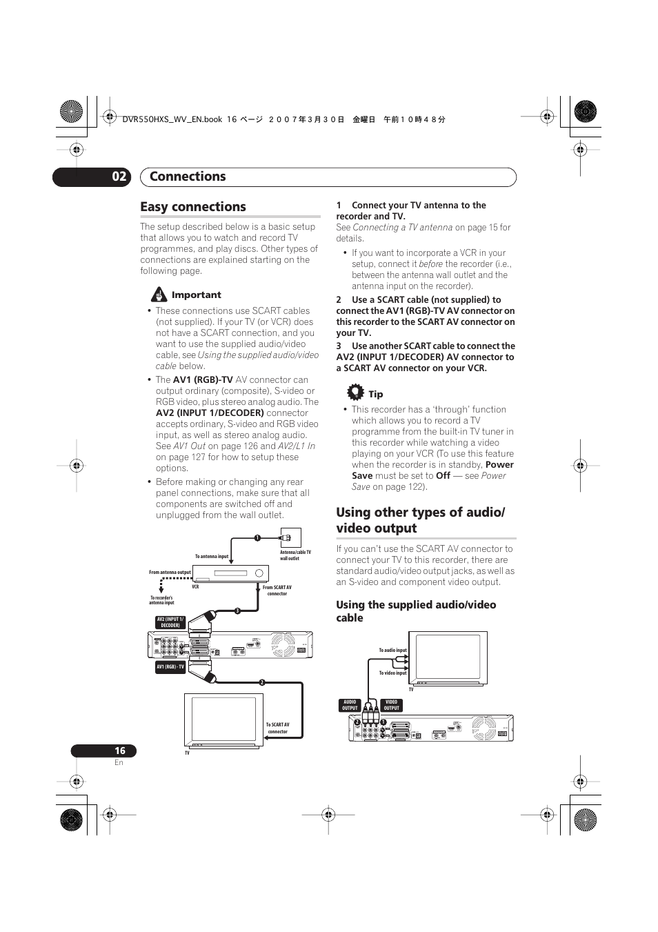 Easy connections, Using other types of audio/ video output, Connections 02 | Using other types of audio, Video output, Using the supplied audio/video cable, Coaxial hdmi out, Input 3, Output | Pioneer DVR-550HX-S User Manual | Page 16 / 155