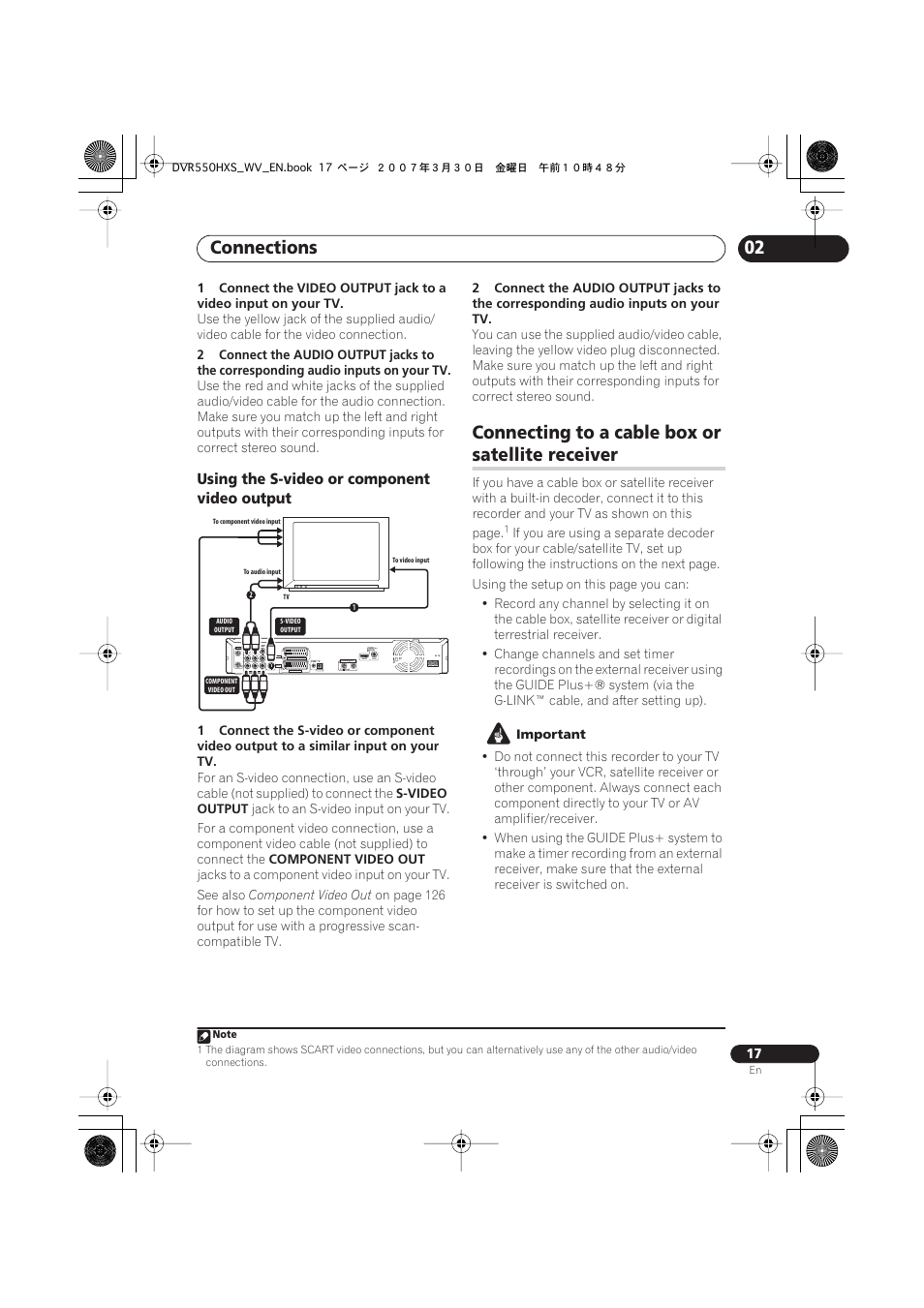 Connecting to a cable box or satellite receiver, Connections, Connecting to a cable box or | Satellite receiver, Using the s-video or component video output | Pioneer DVR-550HX-S User Manual | Page 17 / 155