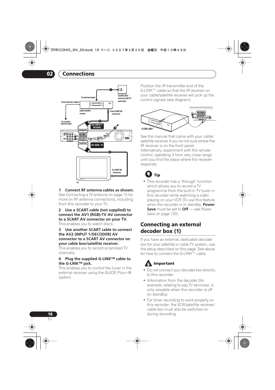 Connecting an external decoder box (1), Connections 02, Connecting an external | Decoder box (1), Coaxial hdmi out, Input 3, Output | Pioneer DVR-550HX-S User Manual | Page 18 / 155