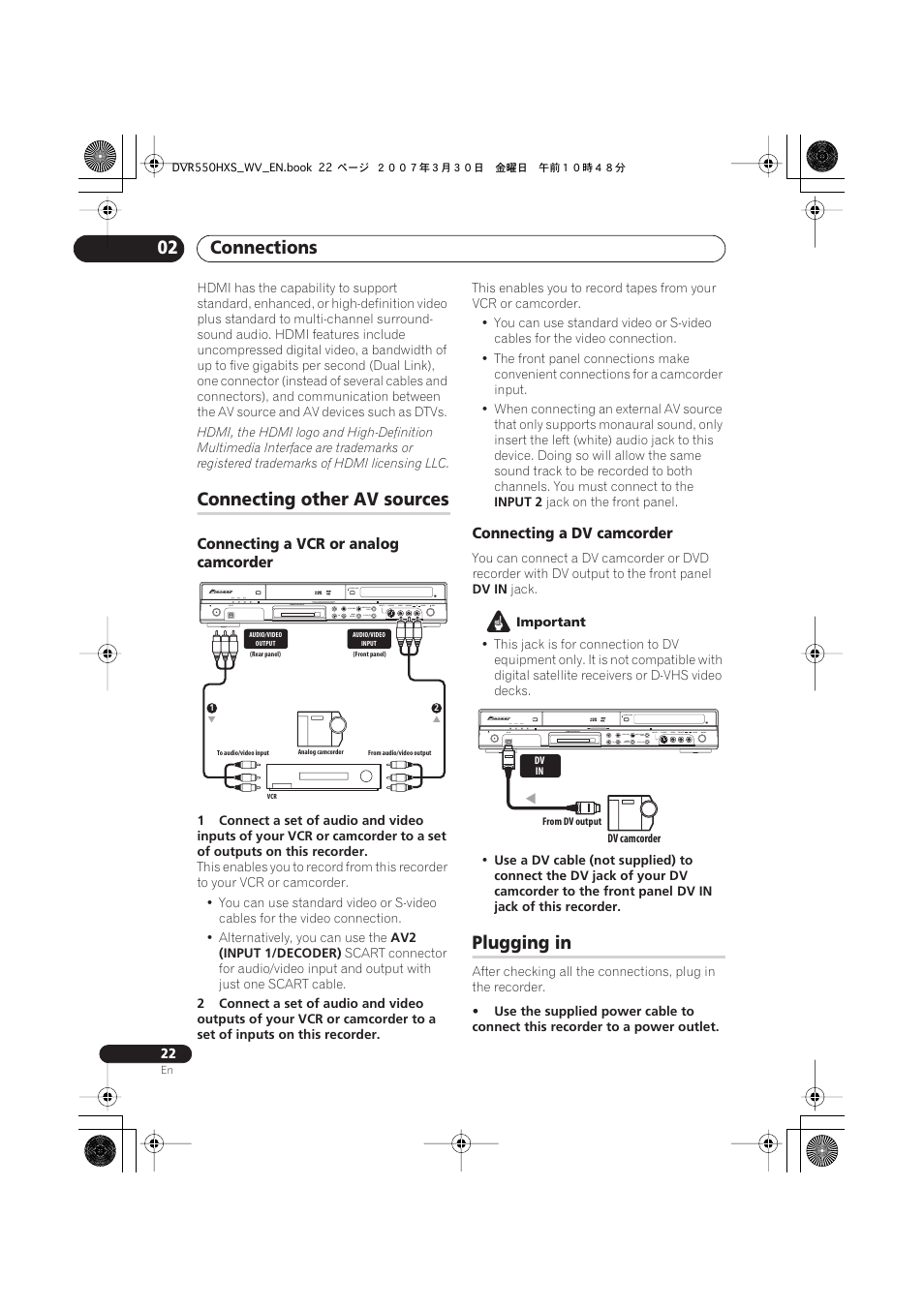 Connecting other av sources, Plugging in, Connections 02 | Pioneer DVR-550HX-S User Manual | Page 22 / 155