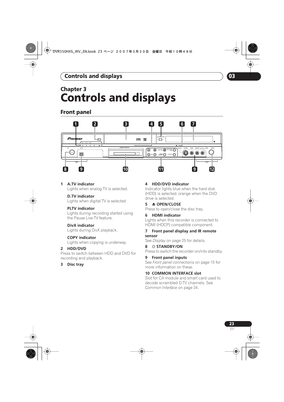 03 controls and displays, Front panel, Controls and displays | 03 chapter 3 | Pioneer DVR-550HX-S User Manual | Page 23 / 155