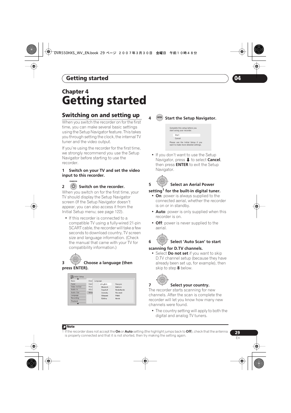 04 getting started, Switching on and setting up, Getting started | 04 chapter 4 | Pioneer DVR-550HX-S User Manual | Page 29 / 155