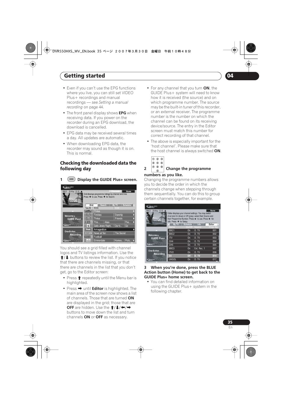 Getting started, Checking the downloaded data the following day | Pioneer DVR-550HX-S User Manual | Page 35 / 155