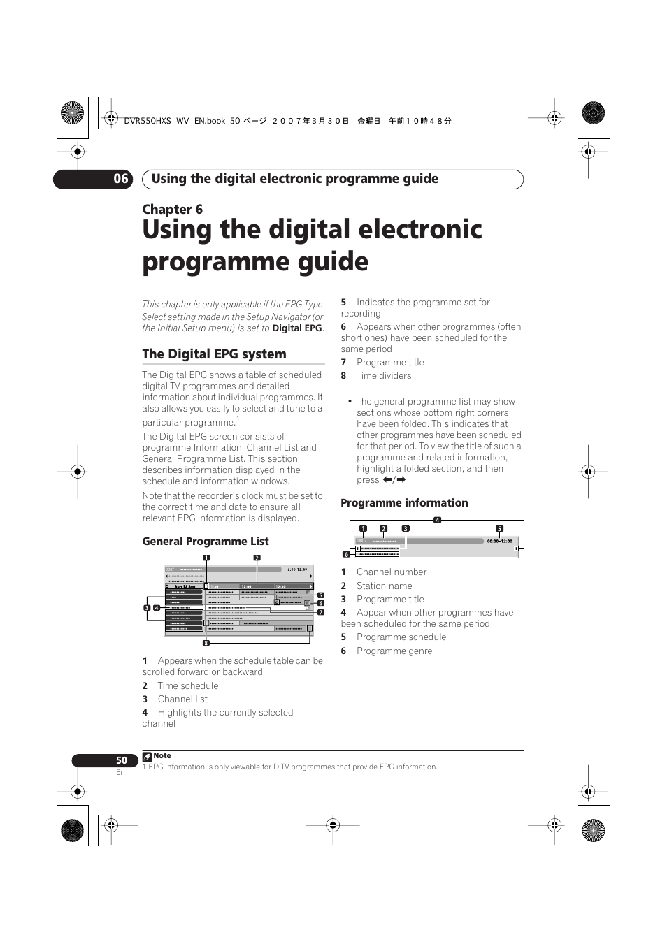 06 using the digital electronic programme guide, The digital epg system, Using the digital electronic programme guide | Using the digital electronic programme guide 06, Chapter 6 | Pioneer DVR-550HX-S User Manual | Page 50 / 155