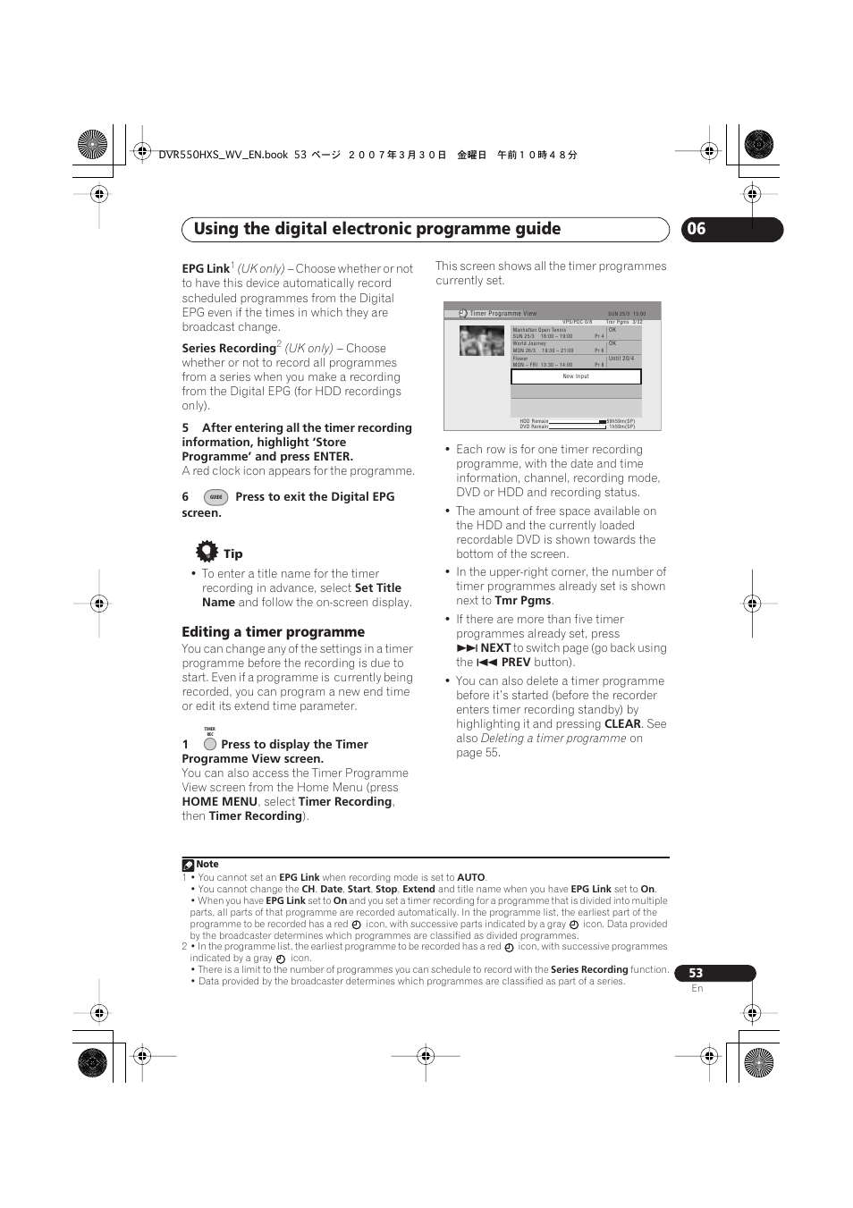 Using the digital electronic programme guide, Editing a timer programme | Pioneer DVR-550HX-S User Manual | Page 53 / 155