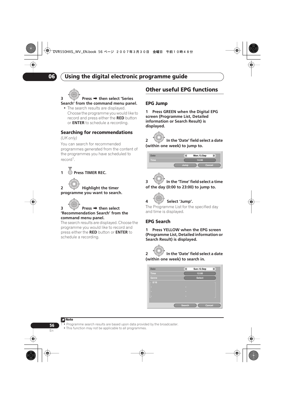 Other useful epg functions, Using the digital electronic programme guide 06, Searching for recommendations | Epg jump, Epg search | Pioneer DVR-550HX-S User Manual | Page 56 / 155