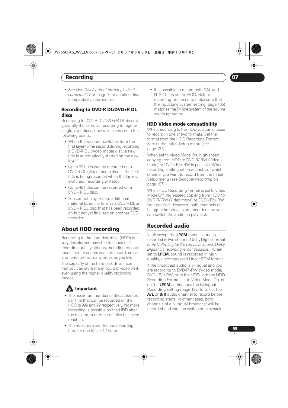 About hdd recording, Recorded audio, Recording | Pioneer DVR-550HX-S User Manual | Page 59 / 155