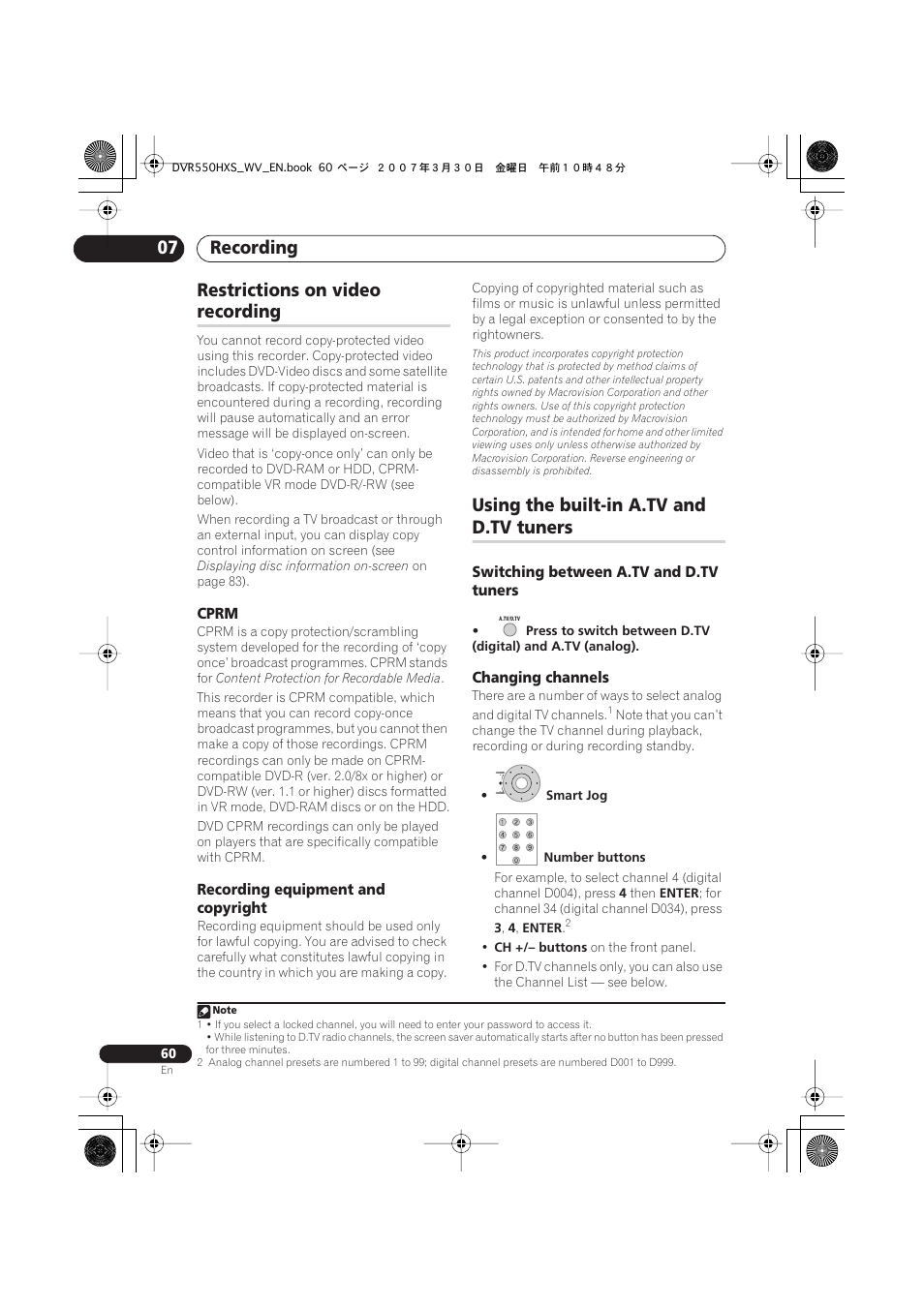 Restrictions on video recording, Using the built-in a.tv and d.tv tuners, Recording 07 | Restrictions on video, Recording, Using the built-in a.tv and, D.tv tuners | Pioneer DVR-550HX-S User Manual | Page 60 / 155