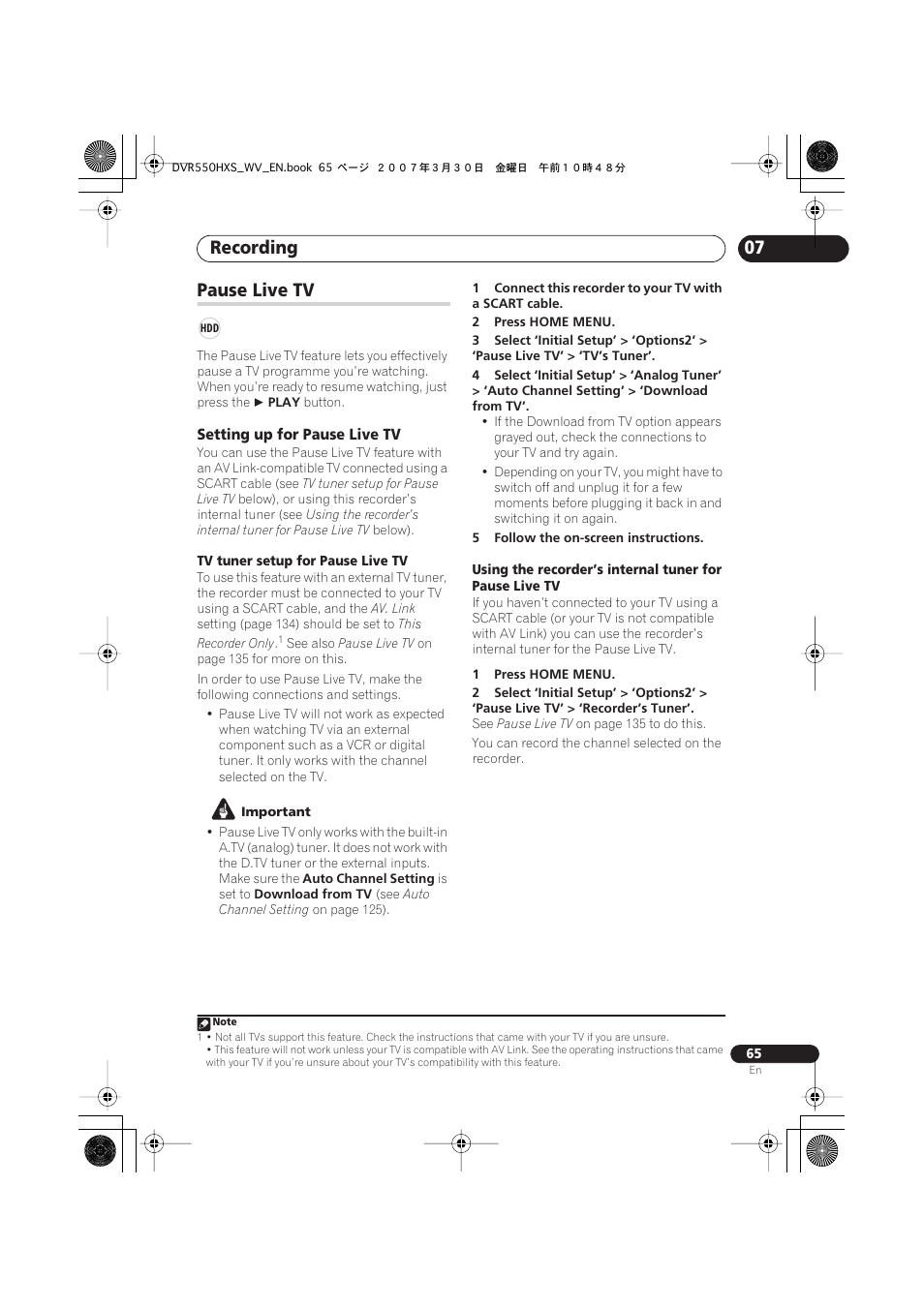 Pause live tv, Recording | Pioneer DVR-550HX-S User Manual | Page 65 / 155