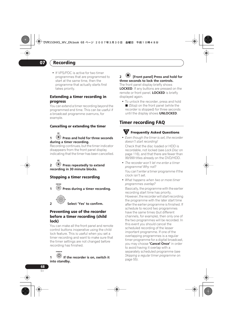 Timer recording faq, Recording 07 | Pioneer DVR-550HX-S User Manual | Page 68 / 155