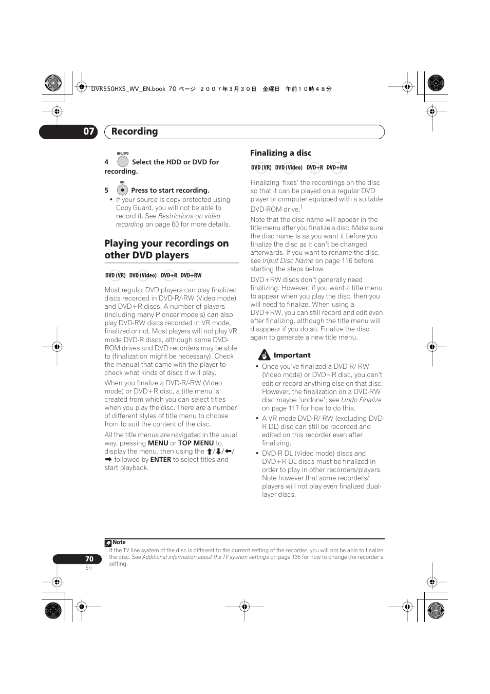 Playing your recordings on other dvd players, Recording 07, Playing your recordings on | Other dvd players | Pioneer DVR-550HX-S User Manual | Page 70 / 155