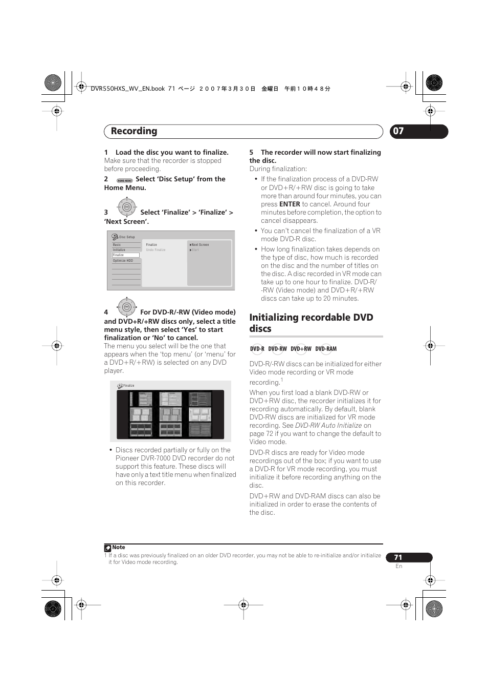Initializing recordable dvd discs, Recording, Initializing recordable dvd | Discs | Pioneer DVR-550HX-S User Manual | Page 71 / 155