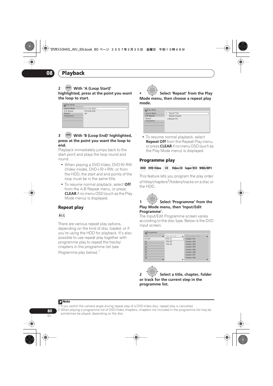 Playback 08, Repeat play, Programme play | Pioneer DVR-550HX-S User Manual | Page 80 / 155