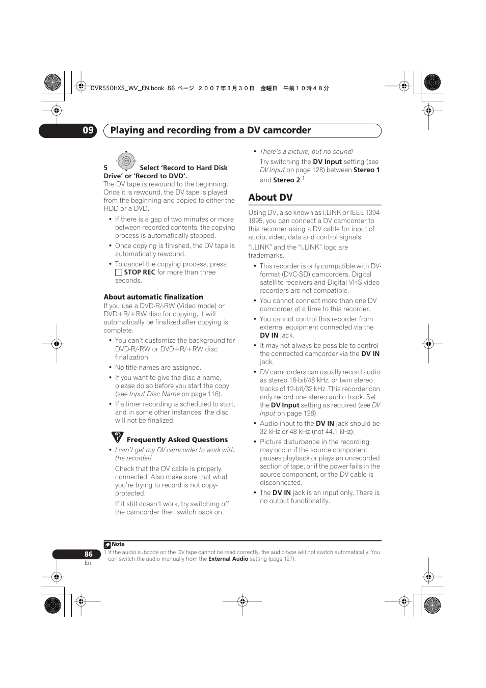 About dv, Playing and recording from a dv camcorder 09 | Pioneer DVR-550HX-S User Manual | Page 86 / 155
