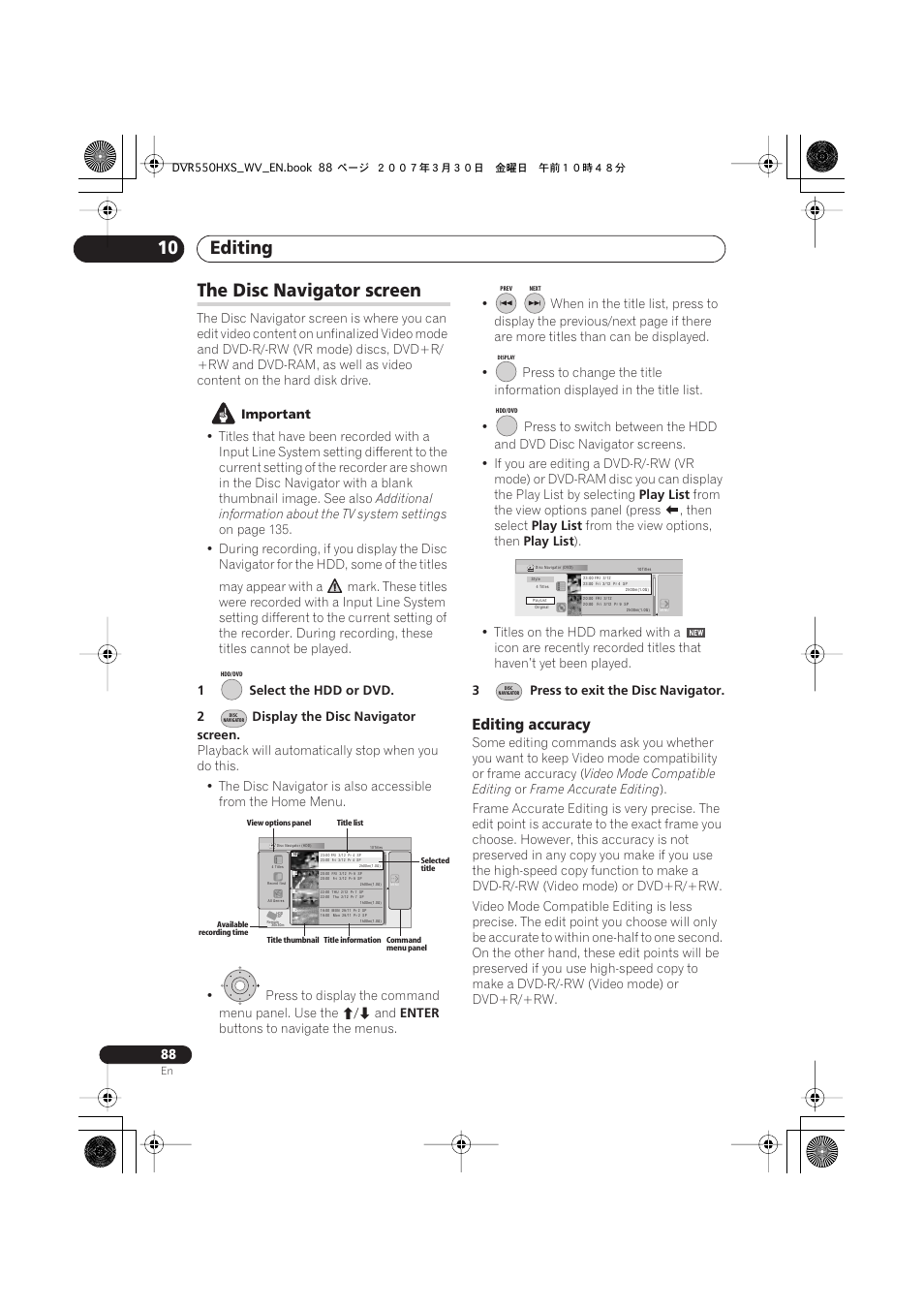 The disc navigator screen, Editing 10, Editing accuracy | Pioneer DVR-550HX-S User Manual | Page 88 / 155