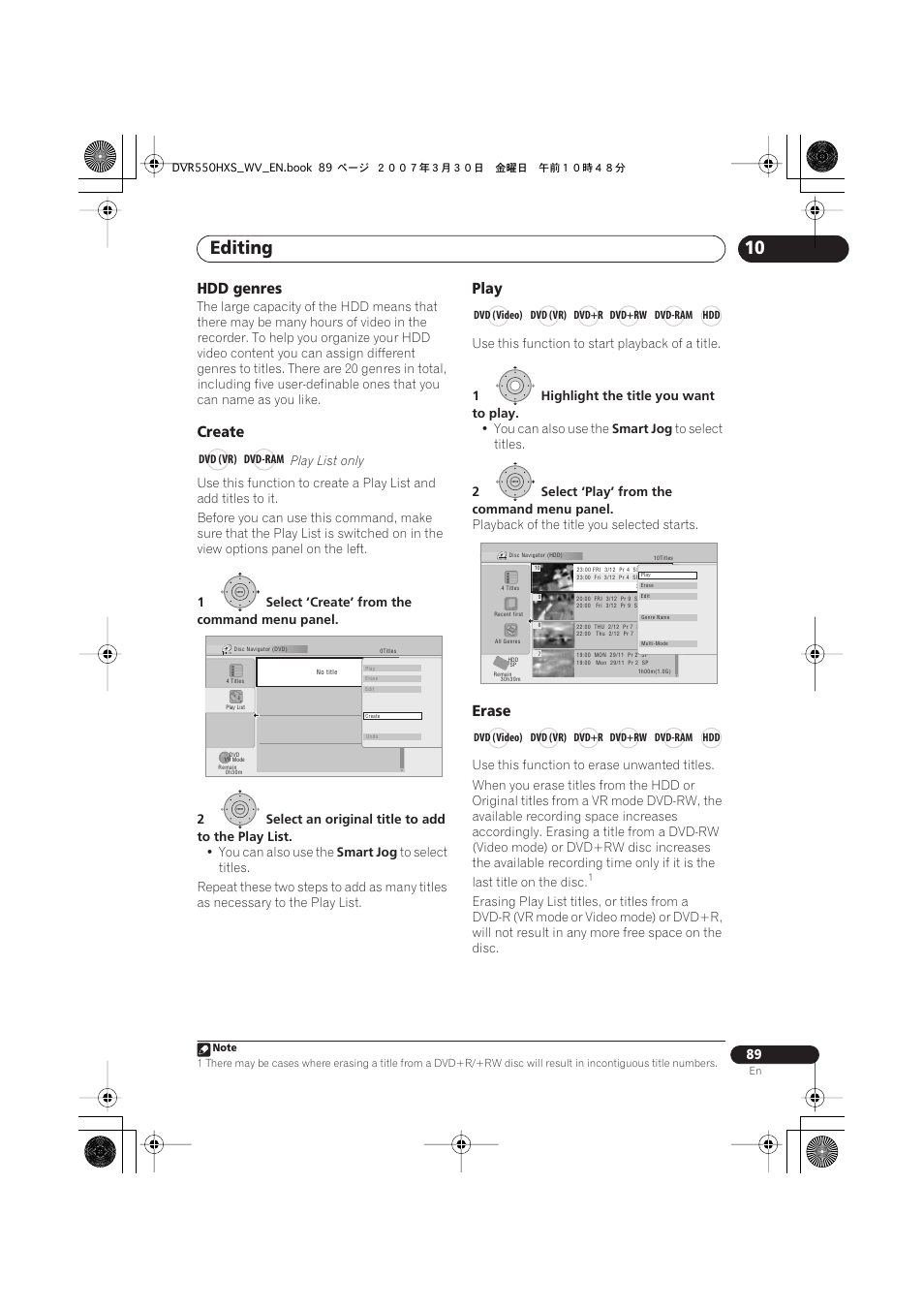 Editing, Hdd genres, Create | Play, Erase | Pioneer DVR-550HX-S User Manual | Page 89 / 155
