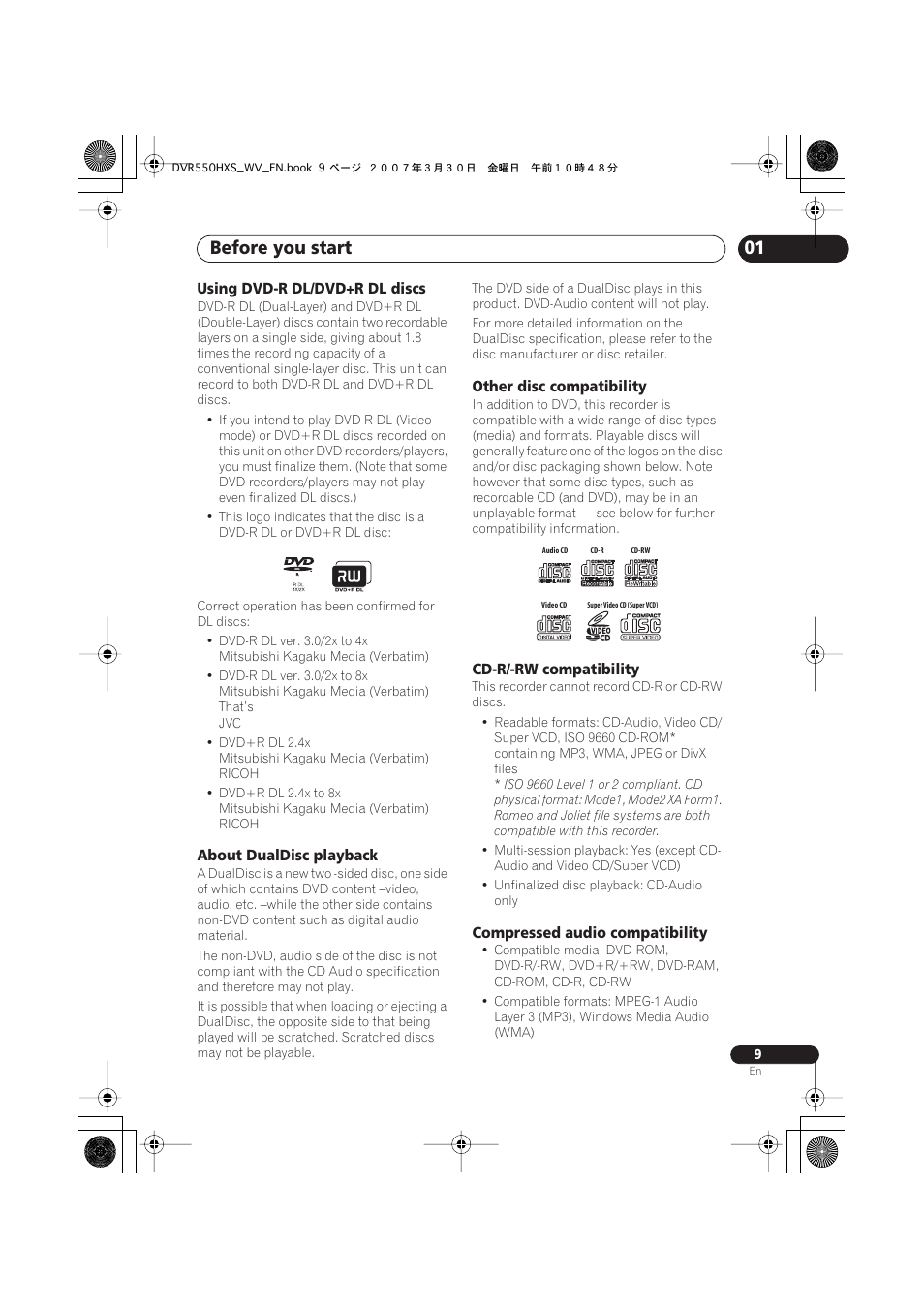 Before you start | Pioneer DVR-550HX-S User Manual | Page 9 / 155
