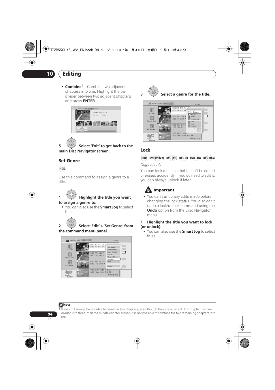 Editing 10, Set genre, Lock | Combine, Enter, Use this command to assign a genre to a title, 1highlight the title you want to assign a genre to, You can also use the, Smart jog, Original only | Pioneer DVR-550HX-S User Manual | Page 94 / 155