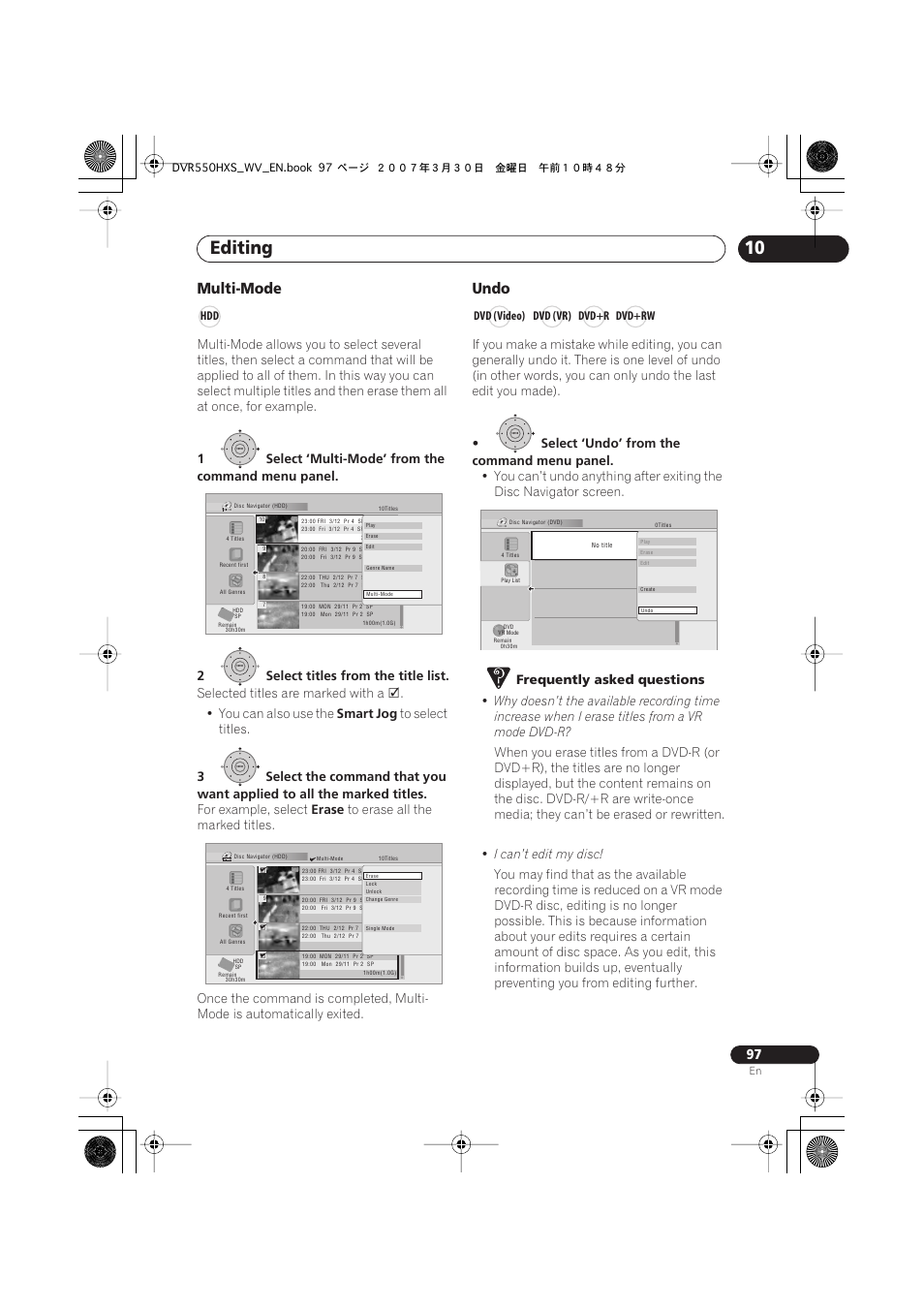 Editing, Multi-mode, Undo | Selected titles are marked with a, You can also use the, Smart jog, For example, select, Erase, Select ‘undo’ from the command menu panel, Frequently asked questions | Pioneer DVR-550HX-S User Manual | Page 97 / 155