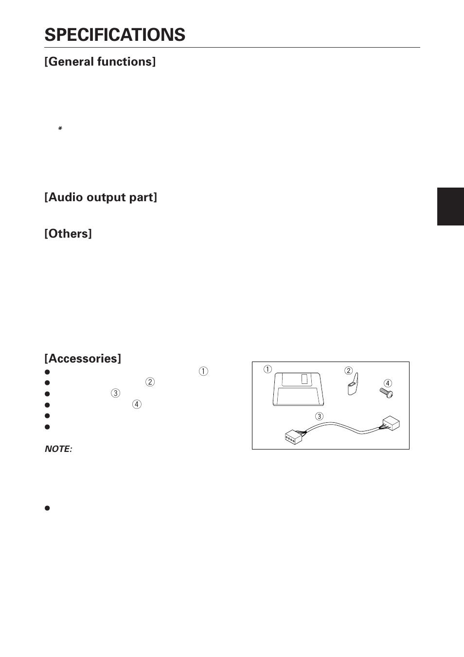 Specifications, General functions, Audio output part | Others, Accessories | Pioneer DVD-U04S User Manual | Page 15 / 17