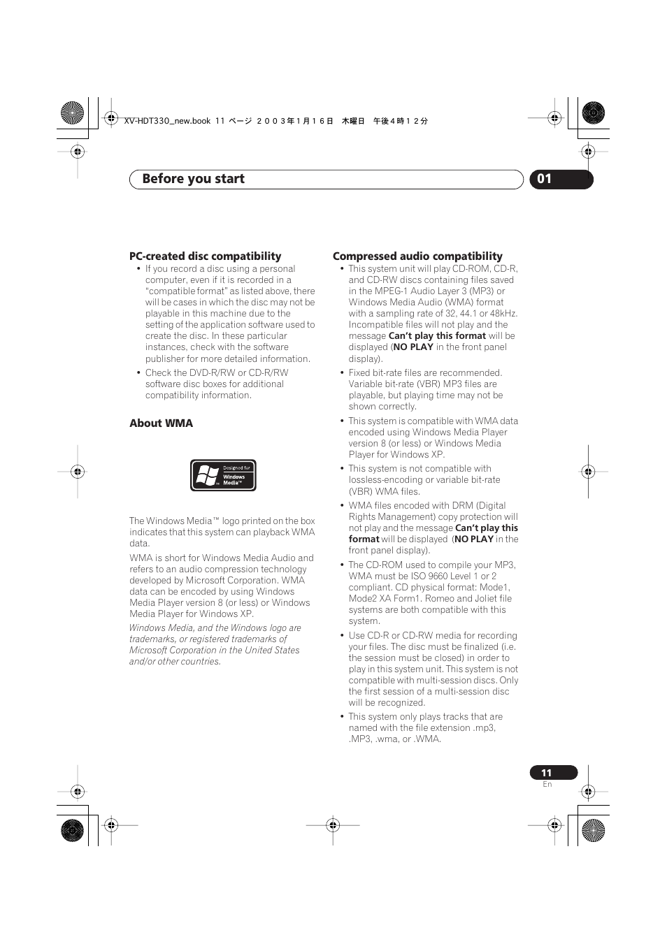 Pc-created disc compatibility, About wma, Compressed audio compatibility | Before you start 01 | Pioneer S-HTD330 User Manual | Page 11 / 92