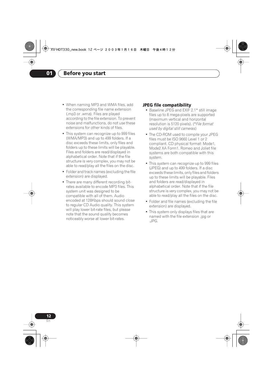 Jpeg file compatibility, Before you start 01 | Pioneer S-HTD330 User Manual | Page 12 / 92