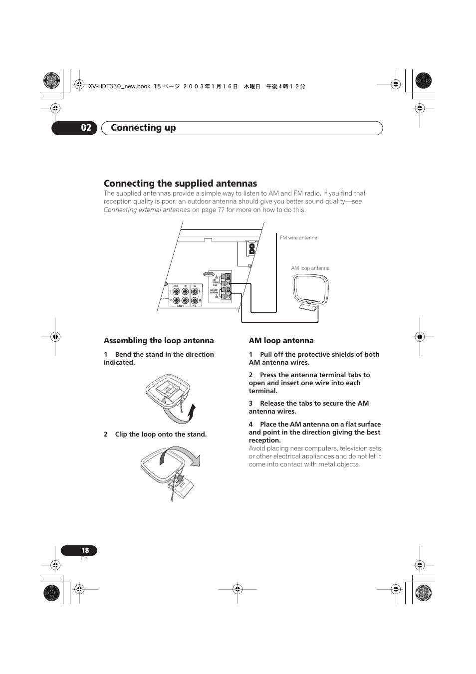 Connecting the supplied antennas, Assembling the loop antenna, Am loop antenna | Connecting up 02 | Pioneer S-HTD330 User Manual | Page 18 / 92