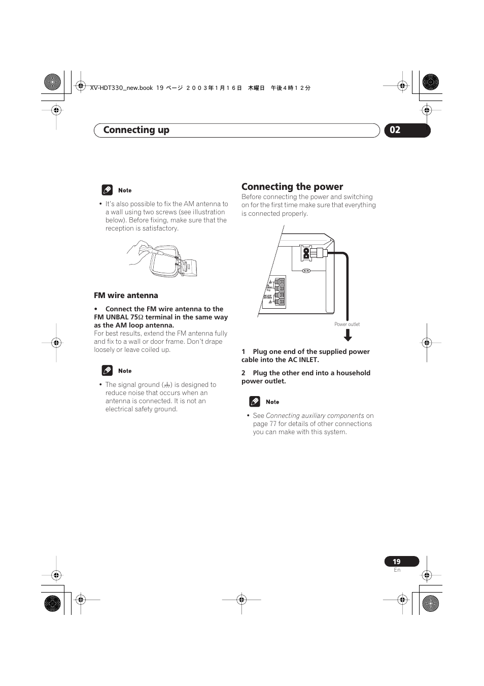 Fm wire antenna, Connecting the power, Connecting up 02 | Pioneer S-HTD330 User Manual | Page 19 / 92