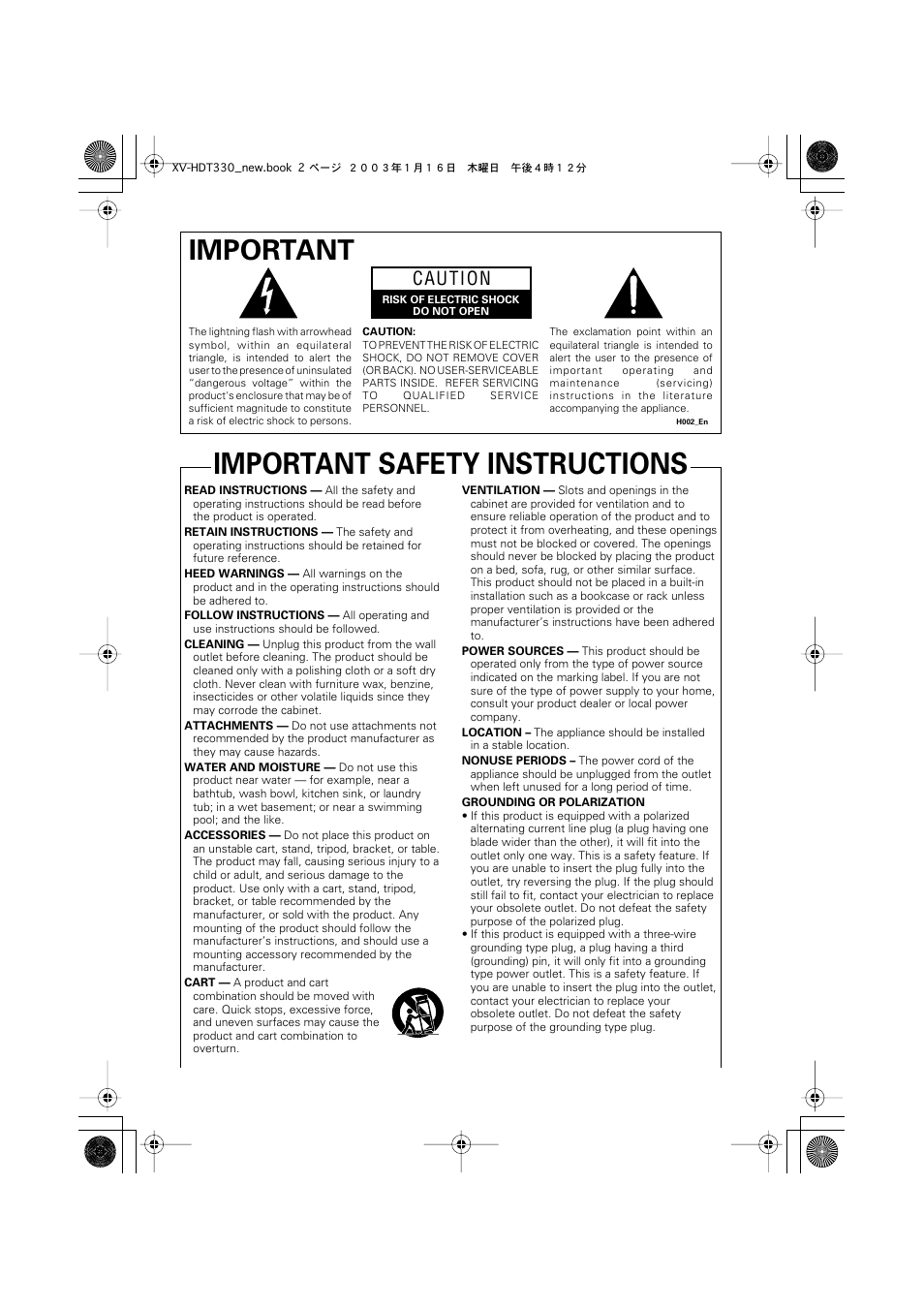 Important safety instructions, Important, Caution | Pioneer S-HTD330 User Manual | Page 2 / 92