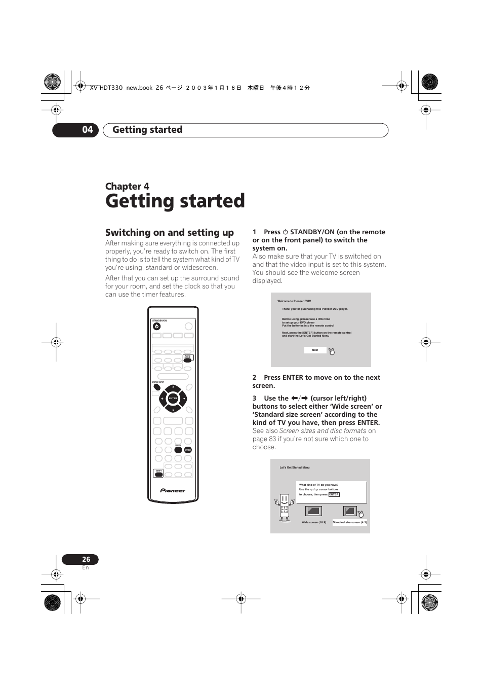 04 getting started, Switching on and setting up, Getting started | Getting started 04, Chapter 4 | Pioneer S-HTD330 User Manual | Page 26 / 92