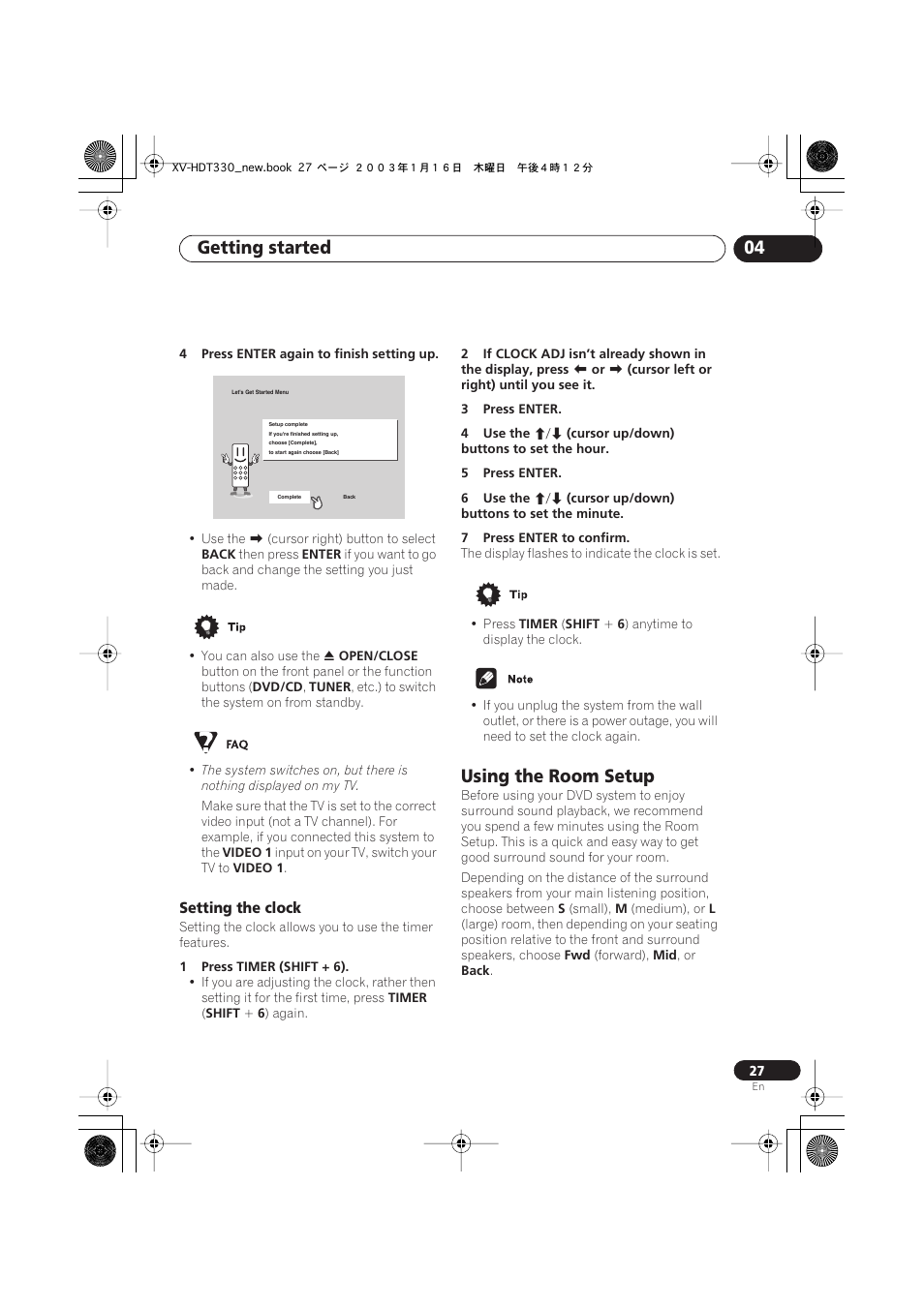 Setting the clock, Using the room setup, Getting started 04 | Pioneer S-HTD330 User Manual | Page 27 / 92