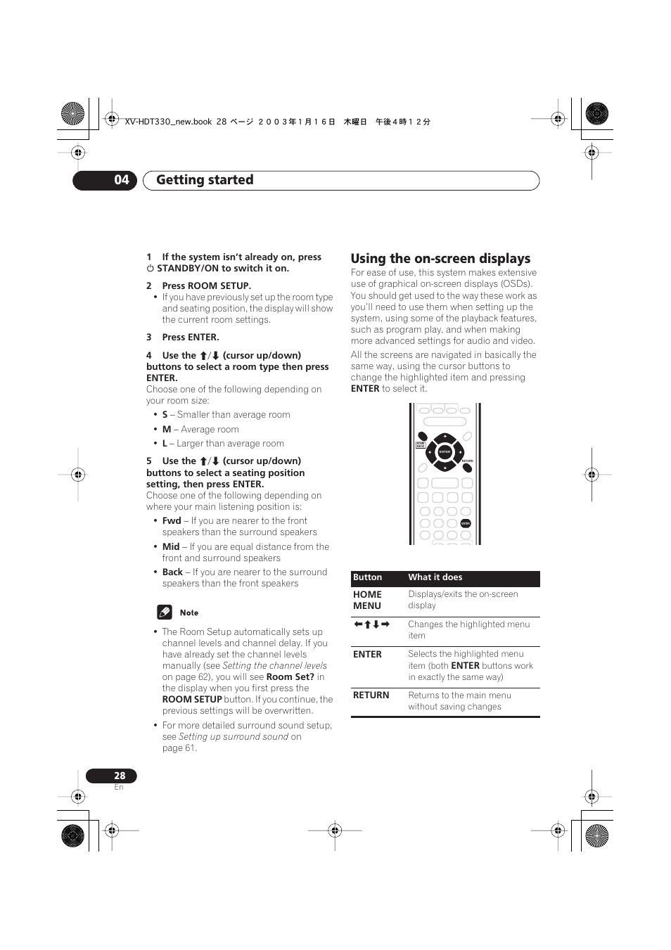 Using the on-screen displays, Getting started 04 | Pioneer S-HTD330 User Manual | Page 28 / 92