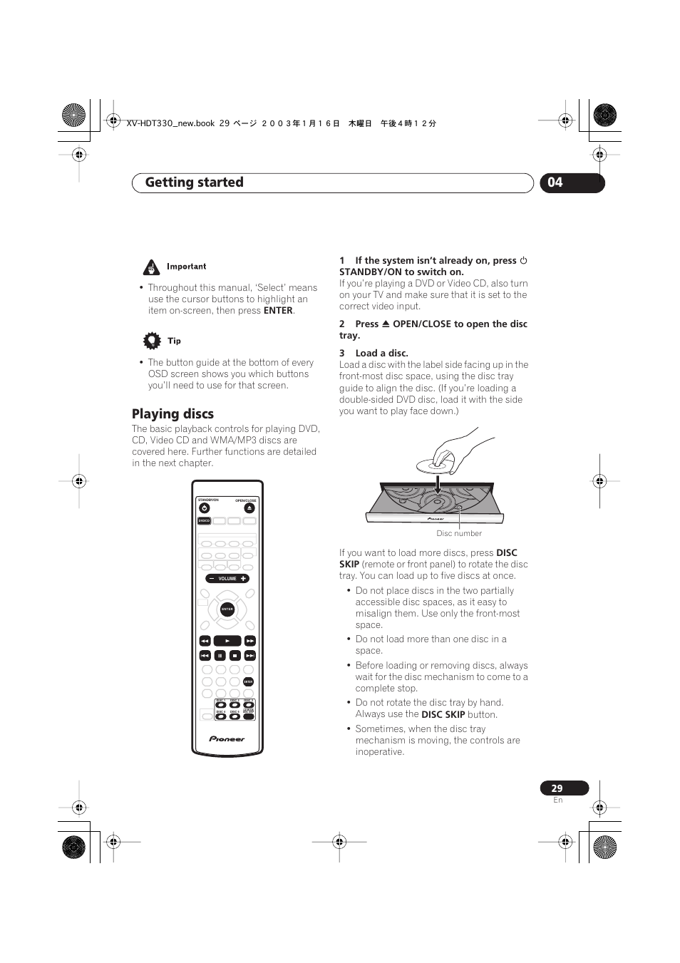 Playing discs, Getting started 04 | Pioneer S-HTD330 User Manual | Page 29 / 92