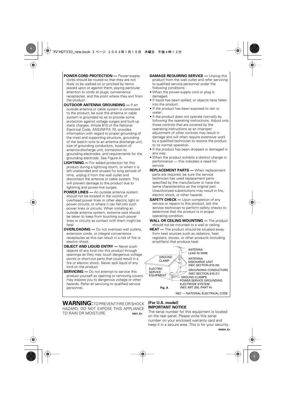 Warning | Pioneer S-HTD330 User Manual | Page 3 / 92