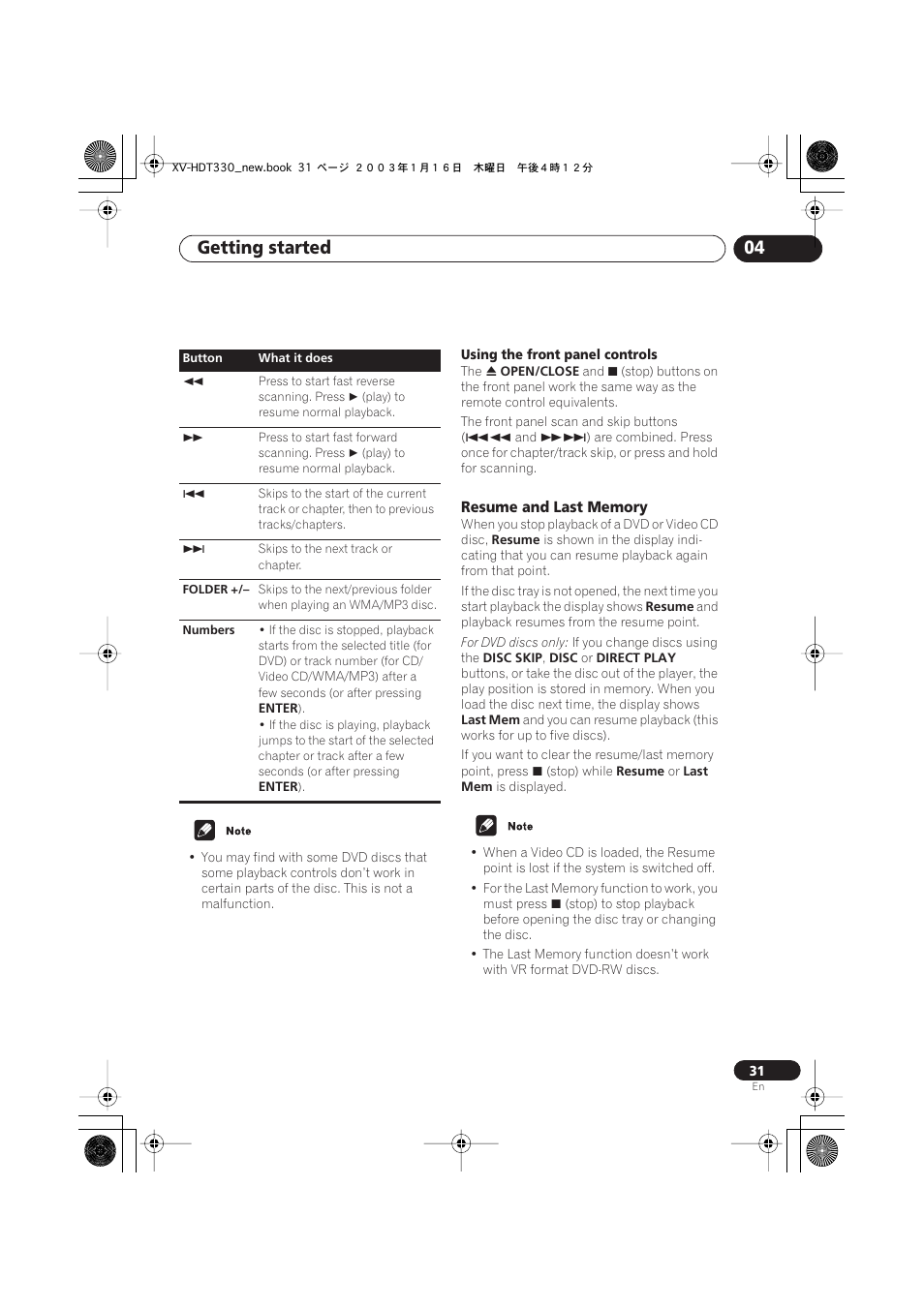 Resume and last memory, Getting started 04 | Pioneer S-HTD330 User Manual | Page 31 / 92