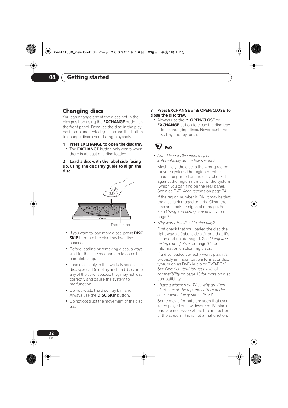 Changing discs, Getting started 04 | Pioneer S-HTD330 User Manual | Page 32 / 92