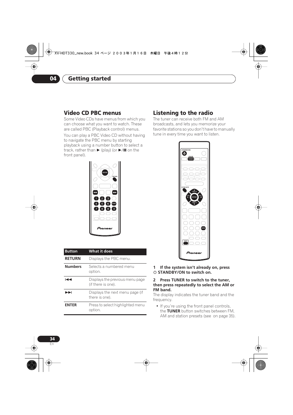 Video cd pbc menus, Listening to the radio, Getting started 04 | Pioneer S-HTD330 User Manual | Page 34 / 92
